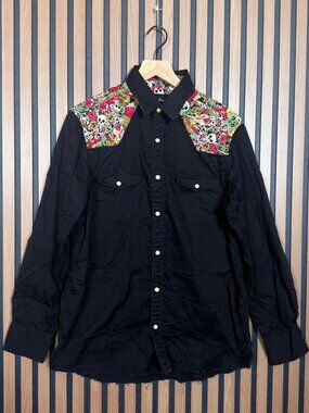 Rock n Roll Soul Shirt Medium Black Long Sleeve Button Up Collared Western AOP
